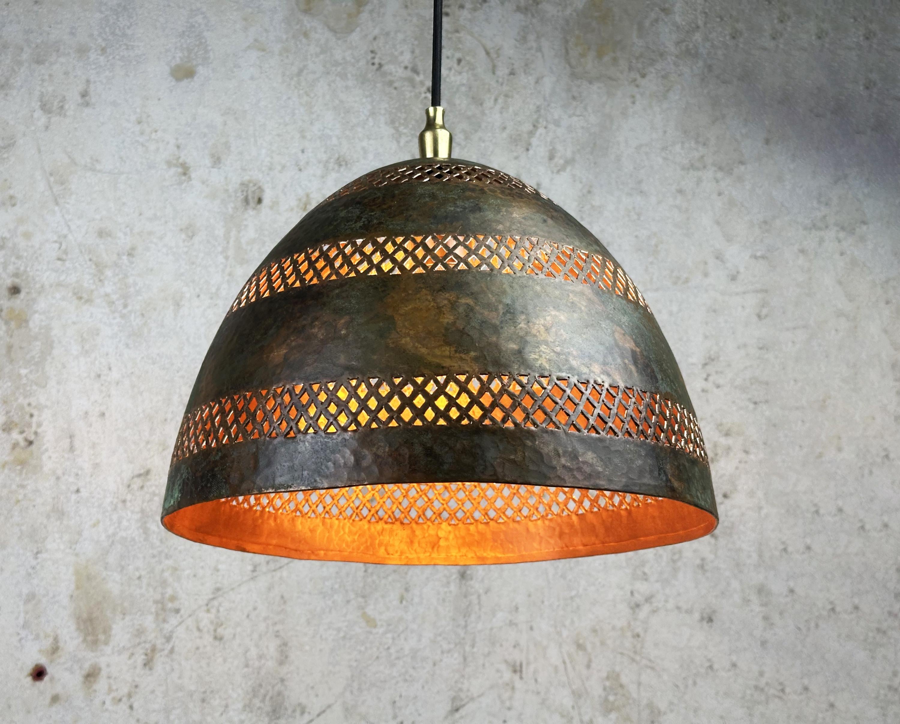 Handmade Copper Dome Pendant Light: Rustic Patina Kitchen Island Lighting