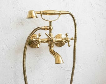 Rubinetto per vasca da bagno in ottone non laccato fatto a mano – Miscelatore per vasca da parete vintage con soffione doccia
