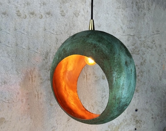 Handmade Verdigris Copper Crescent Pendant Light - Sculptural Lighting