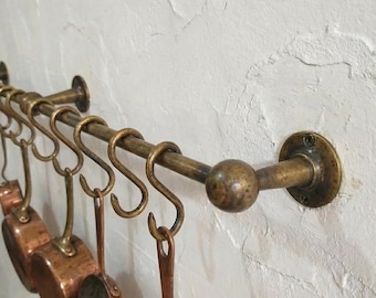 Unlacquered Brass Kitchen Pot Rail with Hooks, French Country Cookware Storage