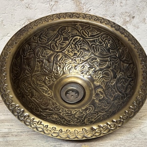 Handmade Embossed Patina Brass Drop-In Sink –Round Antique Brass  Bathroom Vanity Basin
