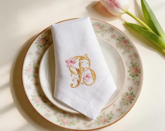 Monogrammed Linen Napkins,Custom Floral Initial Embroidered Napkin,Vintage Wedding Table Decor,Elegant Dinner Party Linens