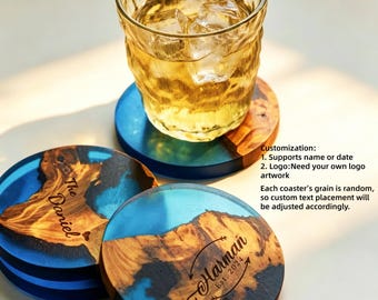 Sottobicchieri personalizzati in legno e resina blu / Sottobicchieri in resina epossidica fatti a mano con tema oceano / Bomboniere rustiche a tema costiero / Decorazioni da tavola personalizzate con incisione