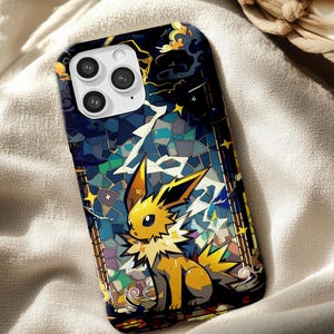 May include: A phone case featuring a stained-glass style design with a yellow and white cartoon character. The case has a dark blue background with lightning bolts, stars, and clouds. The phone case has a black camera module.