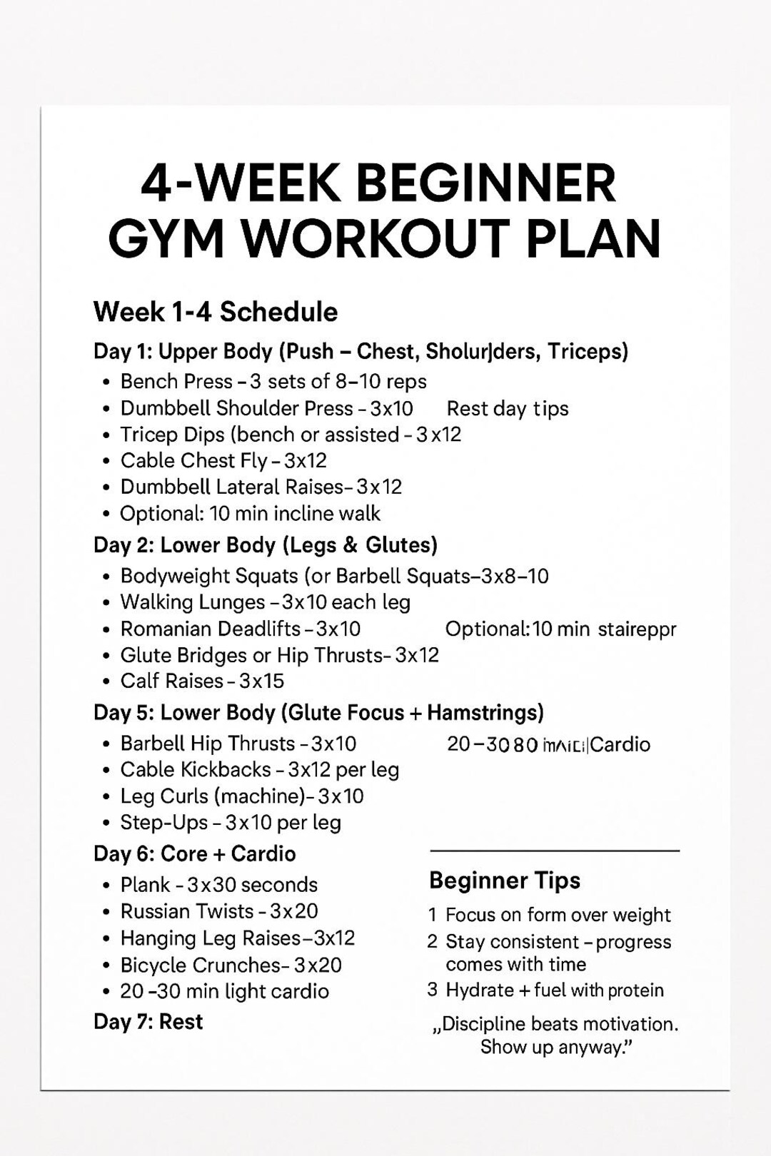 4-week Beginner Gym Workout Plan | Printable Fitness Guide | Digital ...