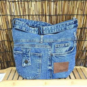 Upcycled Denim Crossbody Purse - Recycled Jeans Hobo Bag Shoulder - Boho Bag - Sustainable Fashion  16 in/ 14 in