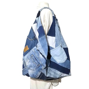 Bolso Hobo de Vaqueros Reciclados - Bolso de Mezclilla con Patchwork de Origami - Bolso Tote Boho - Bolso de Mercado - Bolso de Playa para el Fin de Semana