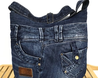 Upcycled Denim Crossbody Portemonnaie - Recycelte Jeans Hobo Bag Schulter - Boho Tasche - Nachhaltige Mode 40,6 cm