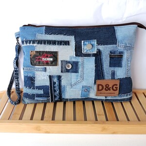 Pochette in denim patchwork - Borsa da polso in jeans boho - Custodia per tablet - Borsa patchwork fatta a mano