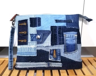 Upcycled Denim Patchwork Clutch: Boho Jeans Wristlet