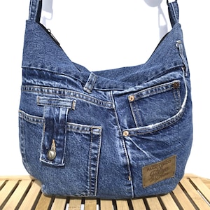 Denim Boho Crossbody Bag Recycled Jeans Hobo Bag Shoulder Denim purse Messanger bag, Patchwork denim bag size 16 in/ 14 in (DDP included)