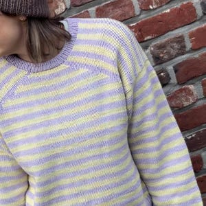 May include: A brown ribbed knit beanie and a striped sweater. The sweater features horizontal stripes in lavender and pale yellow. The beanie is a solid, warm brown color. The sweater has a crew neck and long sleeves.