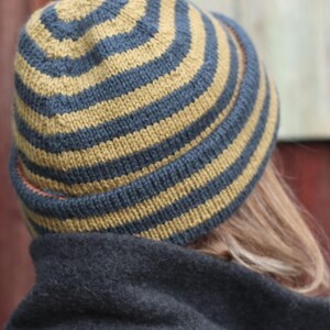 Puede incluir: Un gorro de punto con rayas horizontales alternas en azul marino y amarillo mostaza. El gorro lo lleva una persona que lleva un abrigo gris oscuro. Es un accesorio de invierno.