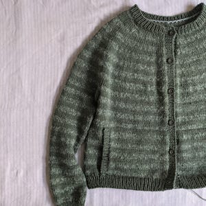 May include: A green knit cardigan with a round neckline and button-up front. The sweater has a textured appearance with a pocket on the left side. The sleeves are long, and the overall style is casual and comfortable.