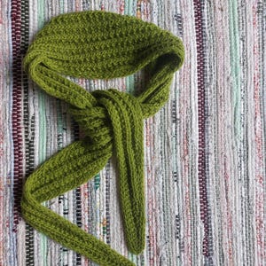 Könnte beinhalten: Ein grüner Strickschal, in der Mitte geknotet, liegt auf einem gestreiften, mehrfarbigen Teppich. Der Schal hat ein strukturiertes Strickmuster und die Enden erstrecken sich nach unten. Der Schal ist einfarbig grün.