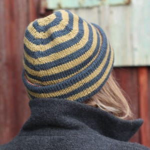 Puede incluir: Un gorro de punto con rayas alternas en azul marino y amarillo dorado. El gorro lo lleva una persona, de la que solo se ve la parte posterior de la cabeza y los hombros. La persona lleva un abrigo gris oscuro.