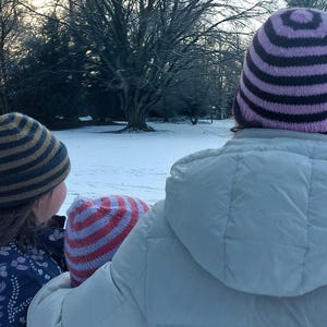 Puede incluir: Escena invernal con personas que llevan gorros de punto a rayas. Los gorros presentan combinaciones de colores como azul y dorado, rojo y blanco, y morado y negro. Una persona lleva una chaqueta con capucha blanca.
