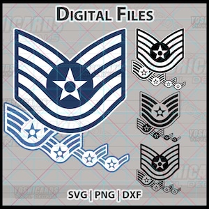 Pode incluir: Designs de arquivos digitais com insígnias de patente da Força Aérea dos EUA em azul e preto. Os designs incluem a insígnia de patente de Sargento Mestre e o texto "DIGITAL FILES" e opções de tipo de arquivo: SVG, PNG e DXF.