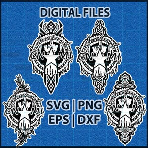 May include: Four black and white digital file designs on a blue background. Each design features a star, ornate detailing, and the letters "CNM". The words "DIGITAL FILES", "SVG | PNG", and "EPS | DXF" are also present.