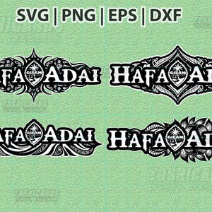 Op de afbeelding: Vier zwart-witte ontwerpen met de tekst "HAFA ADAI" in een vetgedrukte letter, elk met een andere decoratieve rand. Het woord "GUAM" staat in het midden van elk ontwerp. De bovenkant van de afbeelding bevat de tekst "SVG | PNG | EPS | DXF".