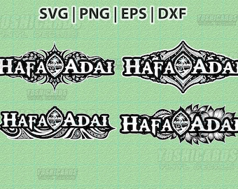 Puede incluir: Cuatro diseños en blanco y negro con el texto "HAFA ADAI" en negrita, cada uno con un borde decorativo diferente. La palabra "GUAM" está en el centro de cada diseño. La parte superior de la imagen tiene el texto "SVG | PNG | EPS | DXF".