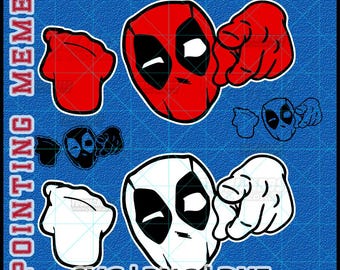 Puede incluir: Archivos digitales con la máscara del personaje Deadpool y manos señalando en esquemas de color rojo y blanco. El gráfico incluye el texto "DIGITAL FILES" y "POINTING MEME SVG | PNG | DXF" sobre un fondo de cuadrícula azul.