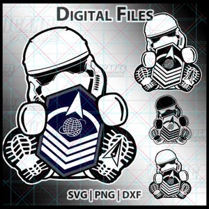 May include: Black and white digital file designs featuring a Stormtrooper helmet with a badge. The badge has a globe and arrow design. The words "DIGITAL FILES" and "SVG | PNG | DXF" are also in the image.