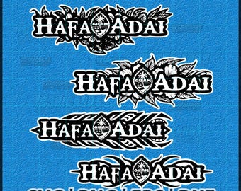 Puede incluir: Cuatro diseños en blanco y negro de "Hafa Adai" con imágenes de Guam, rodeados de elementos decorativos, sobre un fondo azul. Las palabras "DIGITAL FILES" están en la parte superior en rojo. Opciones de tipo de archivo: SVG, PNG, EPS y DXF.