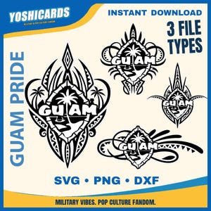 May include: A digital graphic set featuring four black tribal-style designs with the text GUAM, palm trees, and island motifs. The image includes the text YOSHICARDS, GUAM PRIDE, INSTANT DOWNLOAD, 3 FILE TYPES, and SVG, PNG, DXF on a cream background.