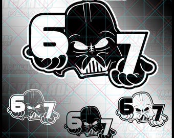 Puede incluir: Archivo digital en blanco y negro con Darth Vader sosteniendo los números 6 y 7. El texto "DIGITAL FILES" está en la parte superior. Los formatos de archivo son SVG, PNG y DXF.