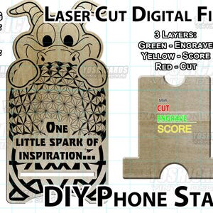 May include: Laser cut digital files for a DIY phone stand. The design features a cartoon-like character with geometric patterns and the text "One Little Spark of Inspiration...". Includes SVG, DXF, AI, and PDF files. The stand has a slot for a phone.