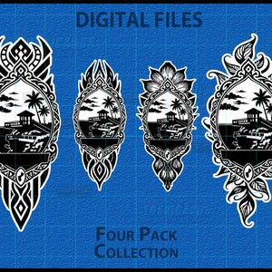 May include: Four black and white digital graphic designs featuring oval frames with intricate patterns. Each frame contains a coastal scene with a building, palm trees, and waves. The text DIGITAL FILES and FOUR PACK COLLECTION is visible.