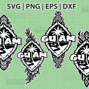 May include: Four black and white Guam-themed SVG, PNG, EPS, and DXF designs. Each design features the word "GUAM" with a palm tree and a boat, set within decorative diamond shapes.