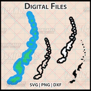 May include: Digital files featuring three stylized illustrations of a winding shape. One is blue and green, and the other two are black and white outlines. The text "DIGITAL FILES" is at the top, and "SVG | PNG | DXF" is at the bottom.