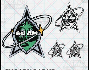 Puede incluir: Un diseño gráfico digital que presenta el texto GUAM en letras blancas, centrado dentro de una silueta de isla negra y verde, una palmera y una forma de estrella, todo rodeado por un anillo negro fino. La imagen incluye el texto DIGITAL FILES SVG PNG DXF.