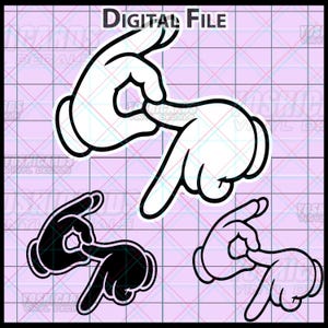 May include: Digital file featuring cartoon-style hands making the 'OK' gesture. The design includes three variations: white hands with black outlines, a black silhouette, and a white outline. The text "DIGITAL FILE" is at the top.