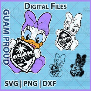 May include: Digital files featuring a cartoon duck character with a purple bow, holding a shield-shaped emblem with a palm tree and the text GUAM. Includes a full-color version, a black-and-white line art version, and two solid black silhouettes.