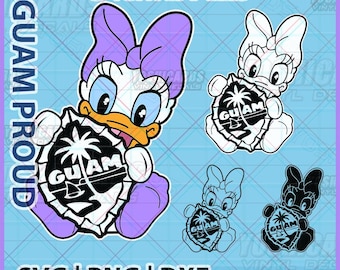 Puede incluir: Archivos digitales con un personaje de pato de dibujos animados con un lazo morado, sosteniendo un emblema en forma de escudo con una palmera y el texto GUAM. Incluye una versión a color, un dibujo de línea en blanco y negro y dos siluetas negras.
