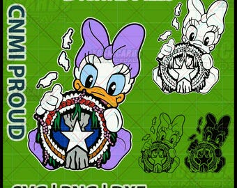 Puede incluir: Archivos digitales con un personaje de pato de dibujos animados con un lazo morado, sosteniendo un emblema circular con una estrella blanca y detalles florales. Incluye el texto DIGITAL FILES, CNMI PROUD y SVG | PNG | DXF sobre fondo verde.