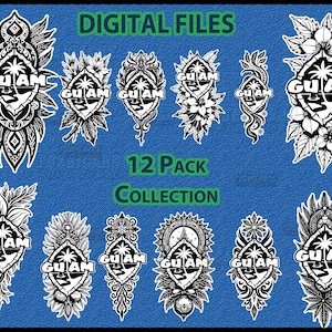 May include: A collection of 12 digital files featuring black and white Guam-themed designs. Each design includes the text "GU AM" within a shield shape, surrounded by various floral and ornamental elements. The words "DIGITAL FILES" and "12 PACK COLLECTION" are also present.