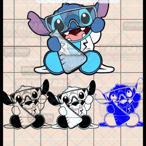 May include: Digital file featuring a cartoon character in a lab coat and goggles, holding a flask. The image includes color, black and white, and blue variations, with text indicating file formats: SVG, PNG, EPS, and DXF.