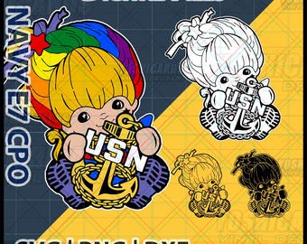 SVG de ancla con cabello de Rainbow Brite CPO de la Marina, descarga digital de E7 Chief Petty Officer Chibi, archivo láser de la USN, PNG