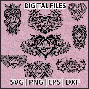 Op de afbeelding: Een verzameling zwarte digitale ontwerpen met het woord "GUAM" in verschillende hart- en bloemmotieven. De ontwerpen omvatten palmbomen, schildpadden en andere decoratieve elementen. De tekst "DIGITAL FILES" en bestandsafkortingen zijn ook aanwezig.