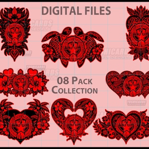 May include: A collection of red and black digital file designs. The designs include turtles, hearts, and floral elements, with a star emblem at the center of each design. The text "DIGITAL FILES" and "08 Pack Collection" are also visible.