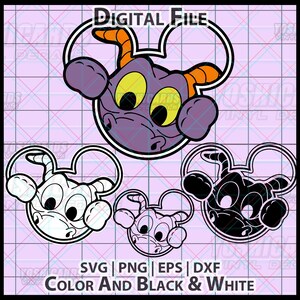 May include: Digital file featuring a purple cartoon character with yellow eyes and orange horns, set within a Mickey Mouse-shaped outline. Additional versions in black and white and pink are also shown. Text at the bottom reads "COLOR AND BLACK & WHITE."
