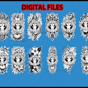 May include: A collection of black and white digital file designs featuring a star within a circular frame, surrounded by various floral and ornamental elements. The text "DIGITAL FILES" is displayed at the top against a textured blue background.