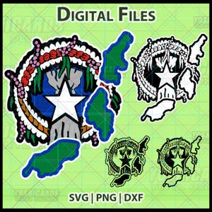 May include: Digital files featuring a design with a white star, blue, green, and red accents. The design includes the text "DIGITAL FILES" and file type options: SVG, PNG, and DXF. The image is on a light green background.