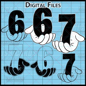 May include: Digital file featuring the numbers 6 and 7 in a cartoon style, held by white gloved hands. The numbers are black, with a white outline. The background is a light blue grid pattern, with the text "DIGITAL FILES" at the top.