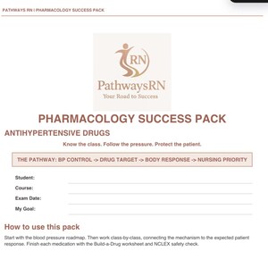 Könnte beinhalten: Ein weißes Dokument mit dem Titel PHARMACOLOGY SUCCESS PACK von PathwaysRN. Es enthält ein Logo, die Überschrift ANTIHYPERTENSIVE DRUGS, den Text Know the class. Follow the pressure. Protect the patient., ein Diagramm und leere Zeilen.