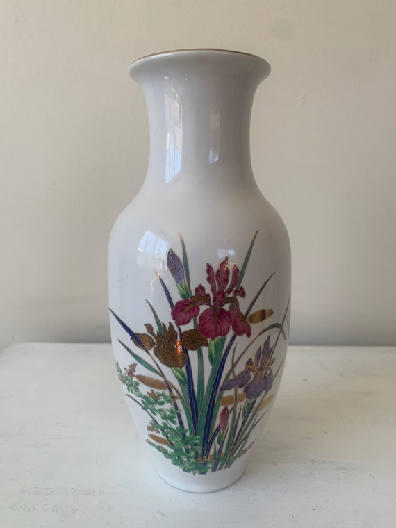 VINTAGE Ceramic Gold Rimmed Vase With IRIS Flowers JAPAN Etsy